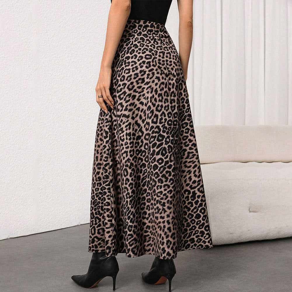 Womens Retro Leopard-Print Full A-Line Skirt