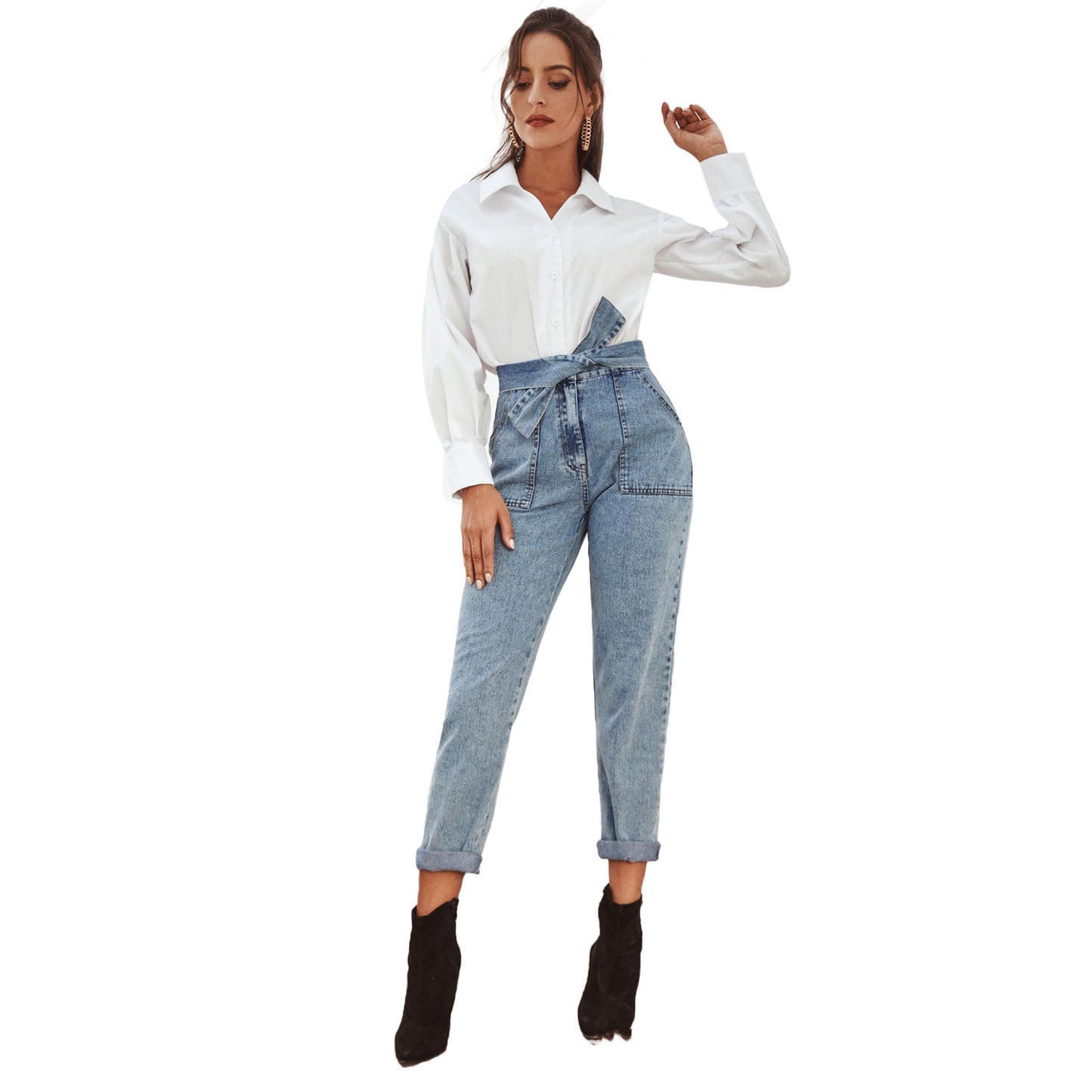European And American Women's High Waist Stretch Slim Cropped Denim Pants