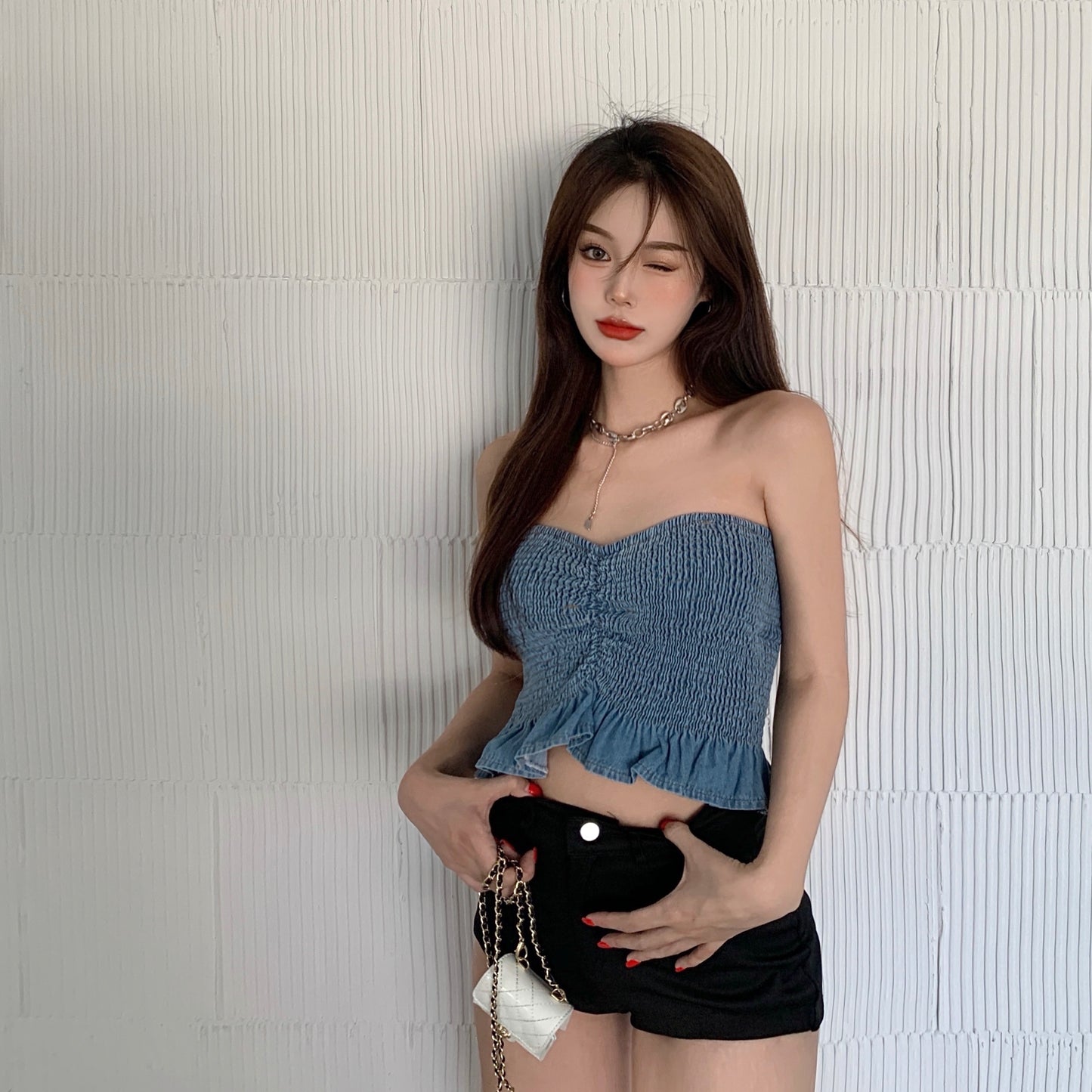 Women's Summer Wear Tight Denim Pleated Bodice Top