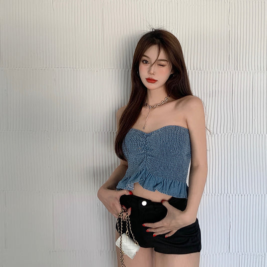 Women's Summer Wear Tight Denim Pleated Bodice Top