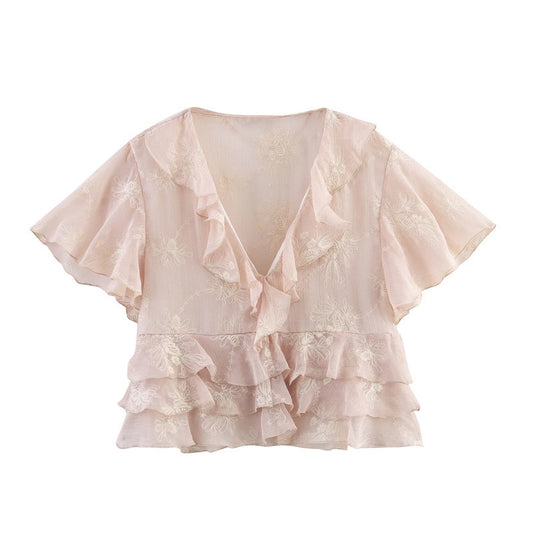 European And American Style Laminated Decoration Embroidered Top