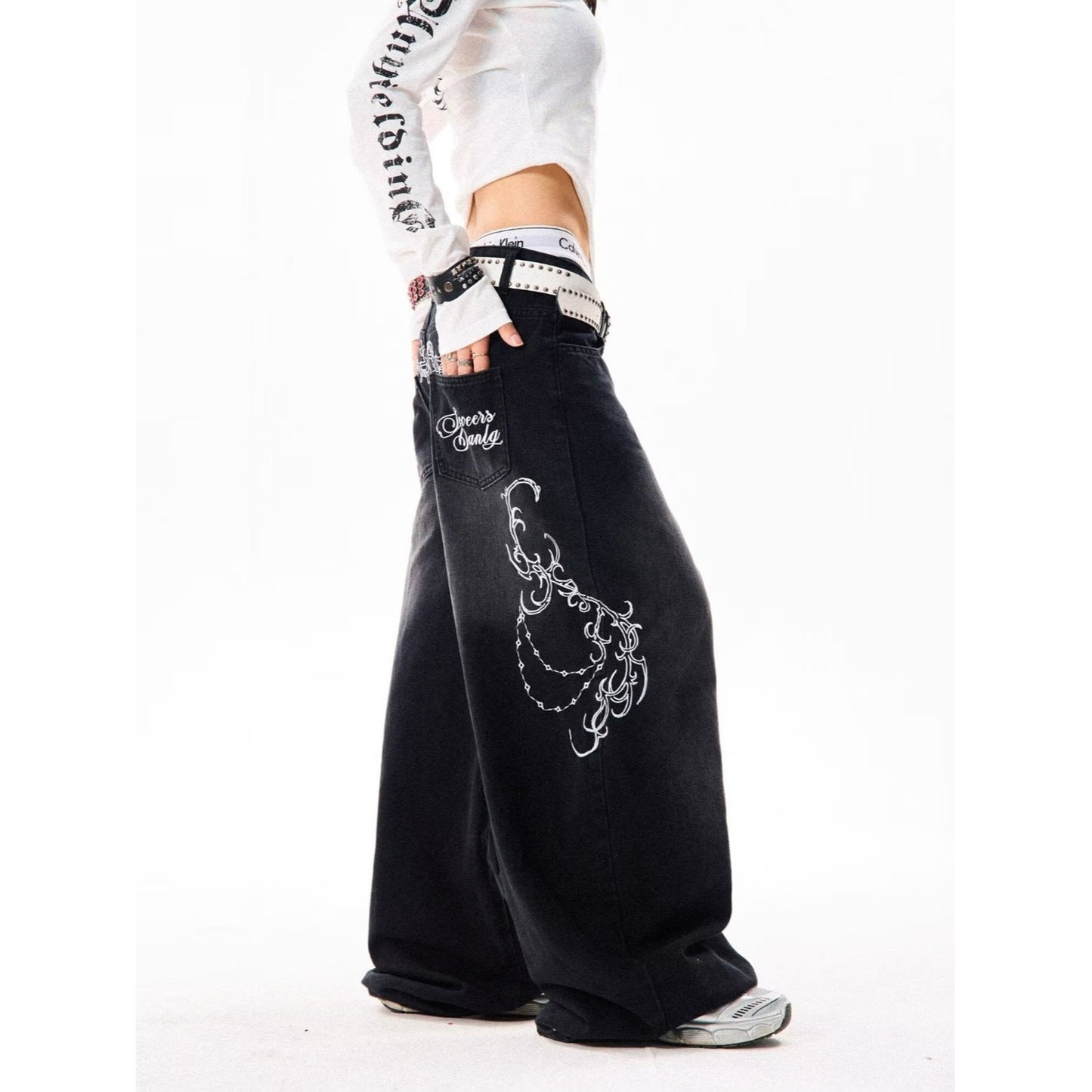 Womens Embroidered Patchwork Casual Straight-Leg Pants