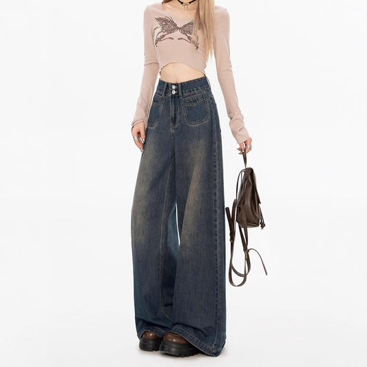 Loose And Lazy Style Women's High-waisted Straight Wide-leg Fleece-lined Jeans