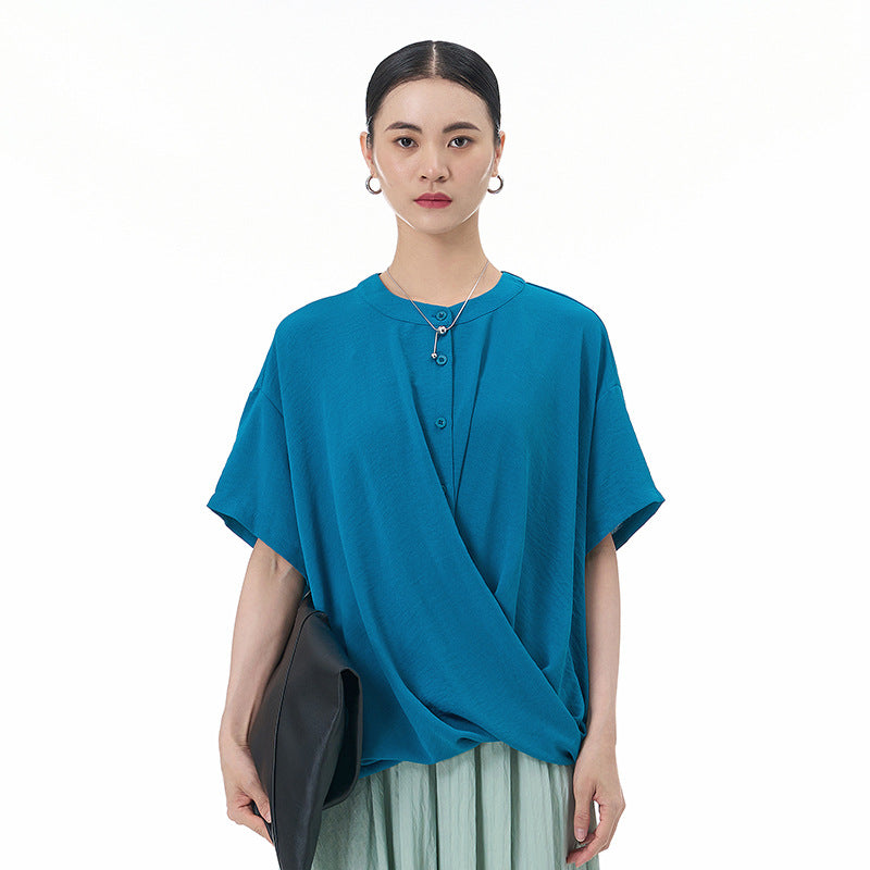 Loose Slimming Collar Decorated With Buttons Short Sleeve
