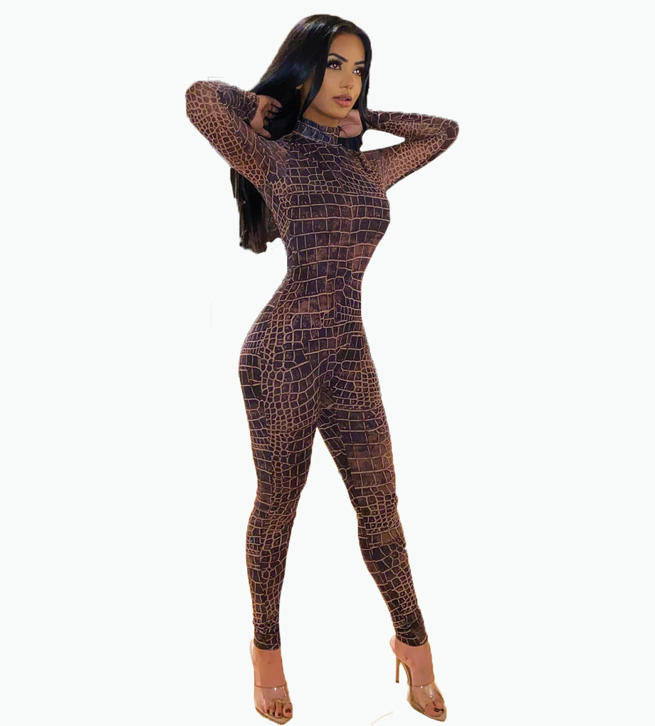 Plus Size Women's Crocodile Skin Pattern Mesh Jumpsuit