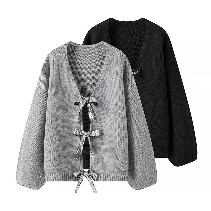Women's Sequined Bowknot Decoration Loose Knitted Sweater