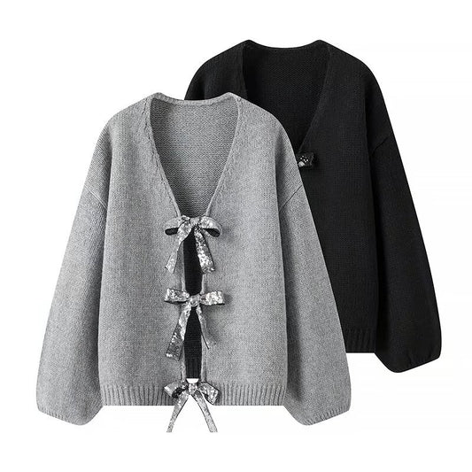 Women's Sequined Bowknot Decoration Loose Knitted Sweater