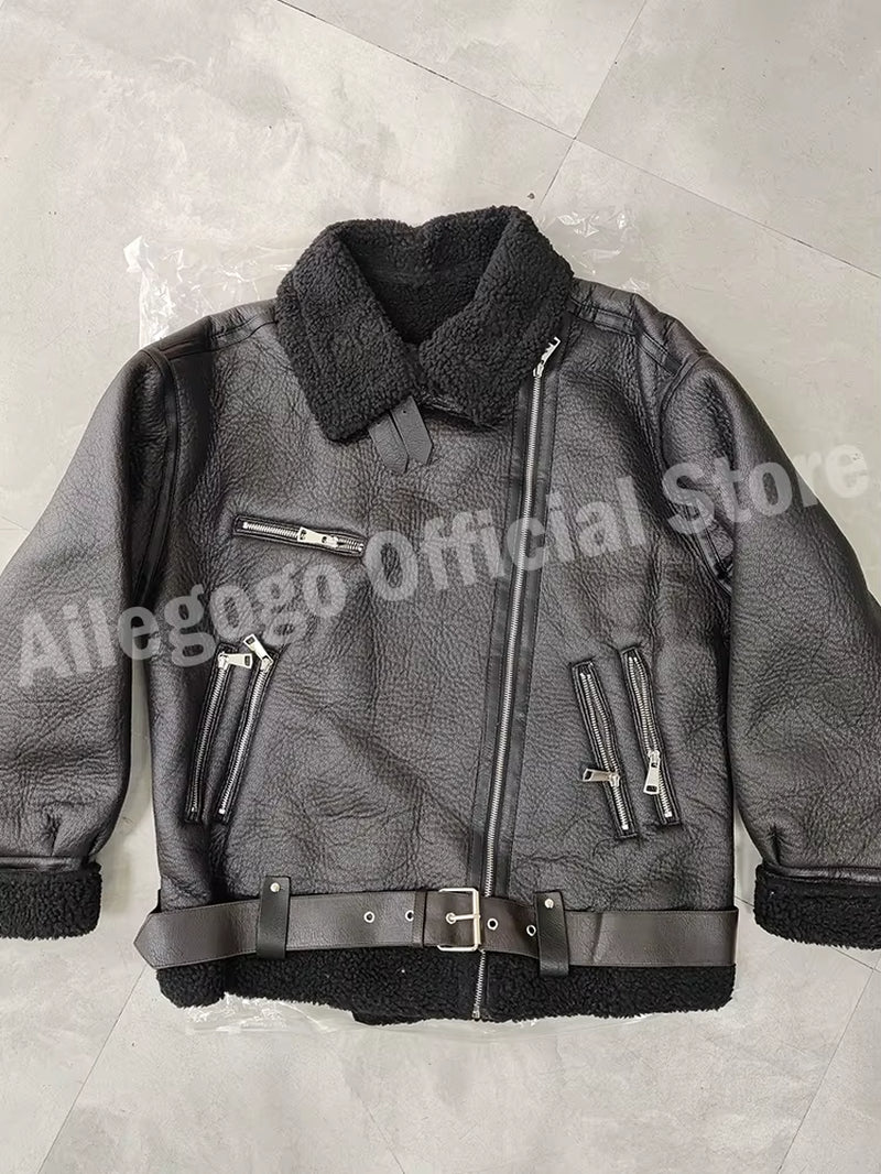 Autumn Winter Women Faux Lamb Fur Thick Warm Jacket with Belt Streetwear Female Zipper Loose Moto Biker Coat Outwear