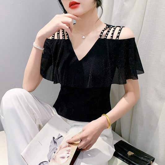 V-hals Mesh Kortærmet Smart Off-the-shoulder Bore Spænde Top T-shirt