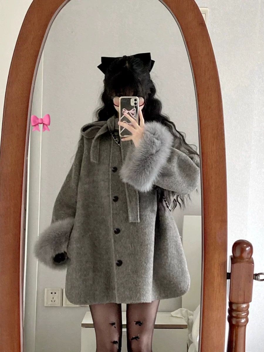 Gray Hepburn Style New Small Bow Coat
