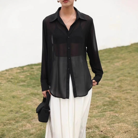Lady Temperament Micro Transparent Chiffon Shirt Air Conditioning Shirt