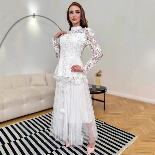 Womens Lace Jacquard Patchwork Top And Mesh Skirt Set