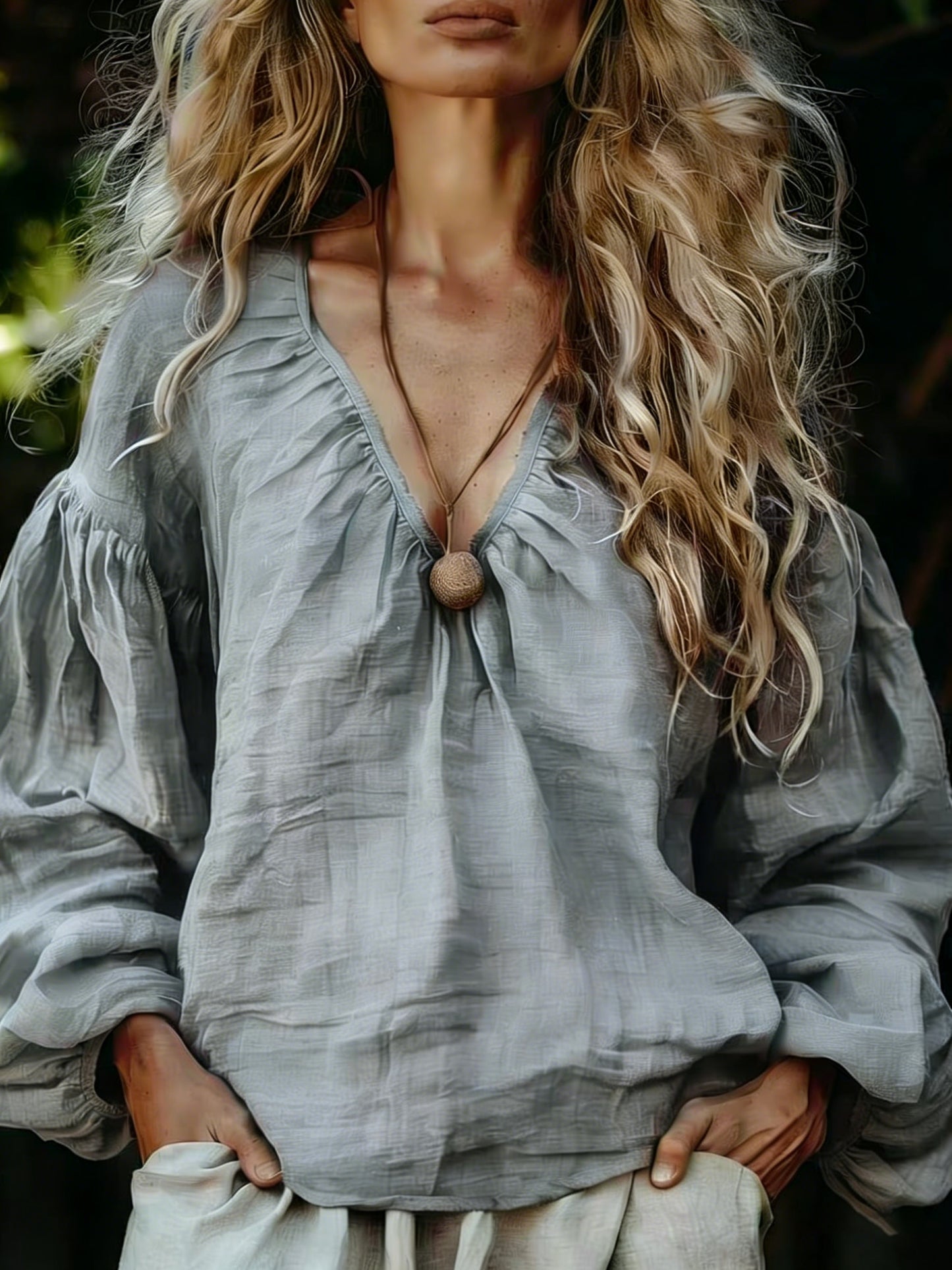 Womens Simple Relaxed-Fit Long-Sleeve Linen Top