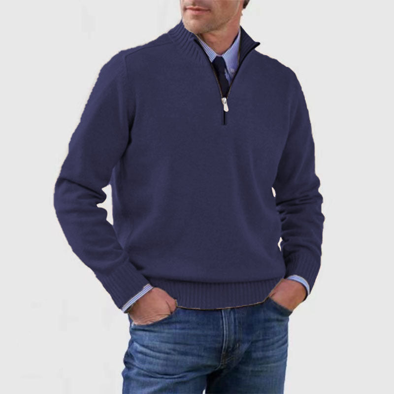 Sweater til mænd med lynlås og opretstående krave Vintermode Ensfarvet Strikket Langærmet Top Tøj