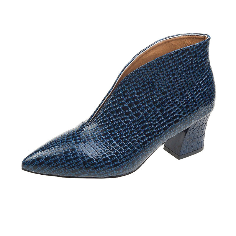 V Cut Women's Fashion Pointed Embossed Chunky Heel Martin Boots