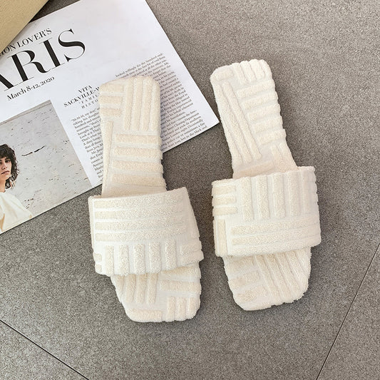 Summer European And American New Flat For Outdoors Square Head Flip Flops Towel Material Green Fashion Simple Plus Size Cotton Slippers