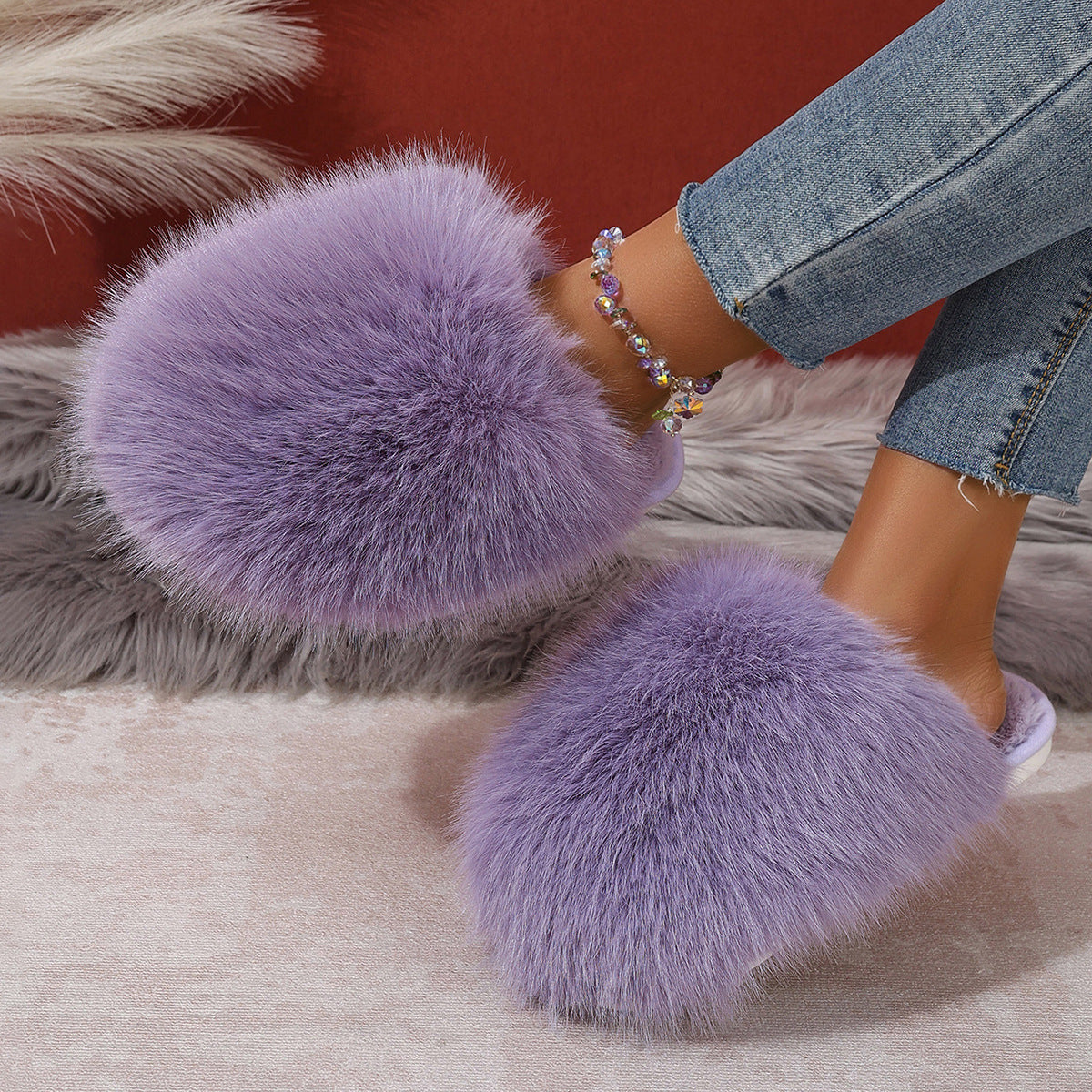 Kvinde Plus-size Ensfarvede Fluffy Store Pelsede Hjemmesko