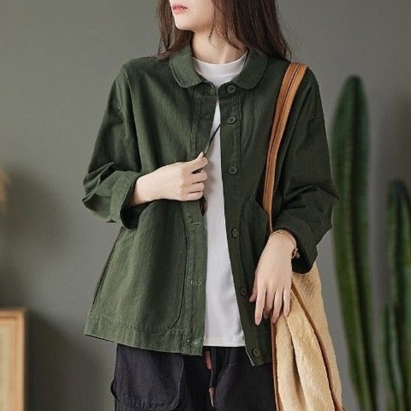 Retro Twill Cotton Large Pocket Single Breasted Loose Casual Top