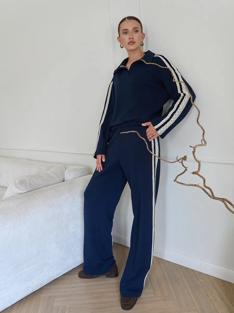 Womens Casual Home Wear Set Lace-trimmed Collar Long Sleeves And Tie-closure Pants