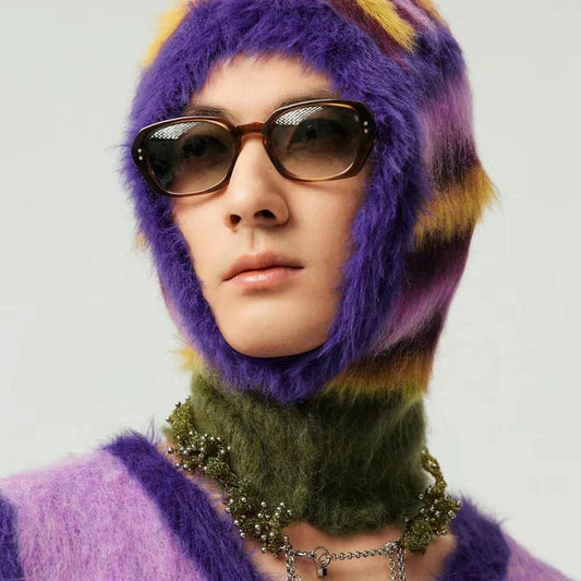 Rainbow Woven Mohair Integrated Ear Protection Long Fluff Striped Hat