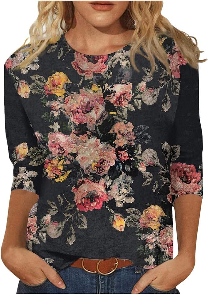 Women's Top Three-quarter Sleeve Summer Ethnic Floral Slim Fit Cute Top Round Neck Slim Fit Printed T-shirt