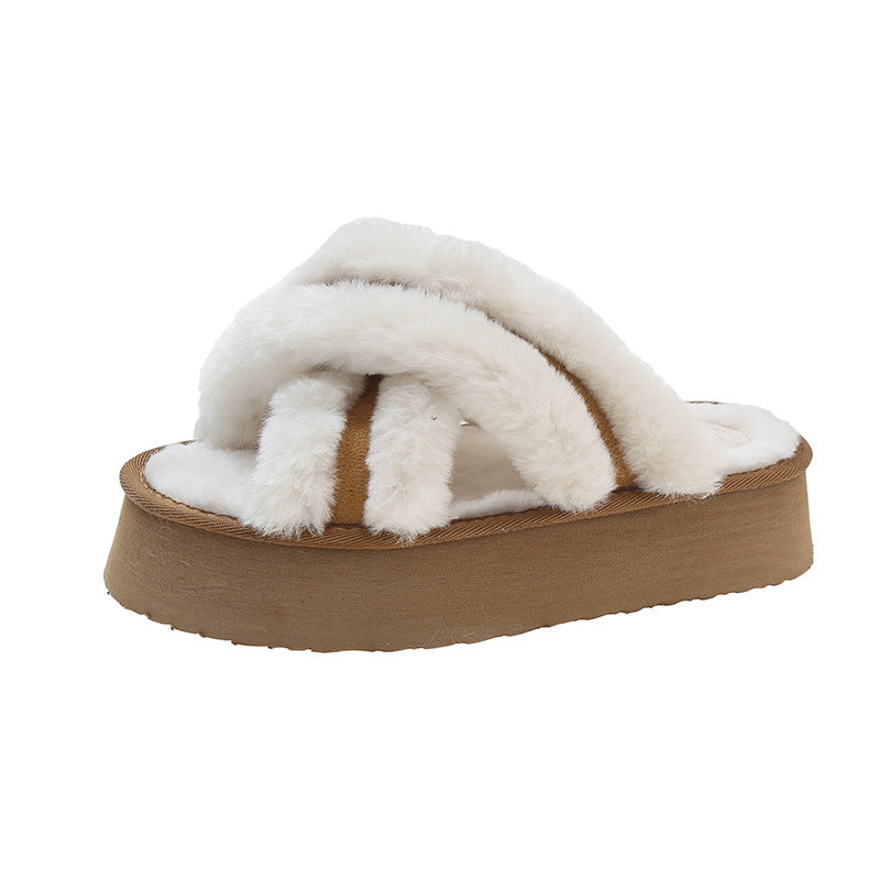 Women's Outer Wear Height Increasing Wool Sheep Fur Integrated Cross Plush Slippers