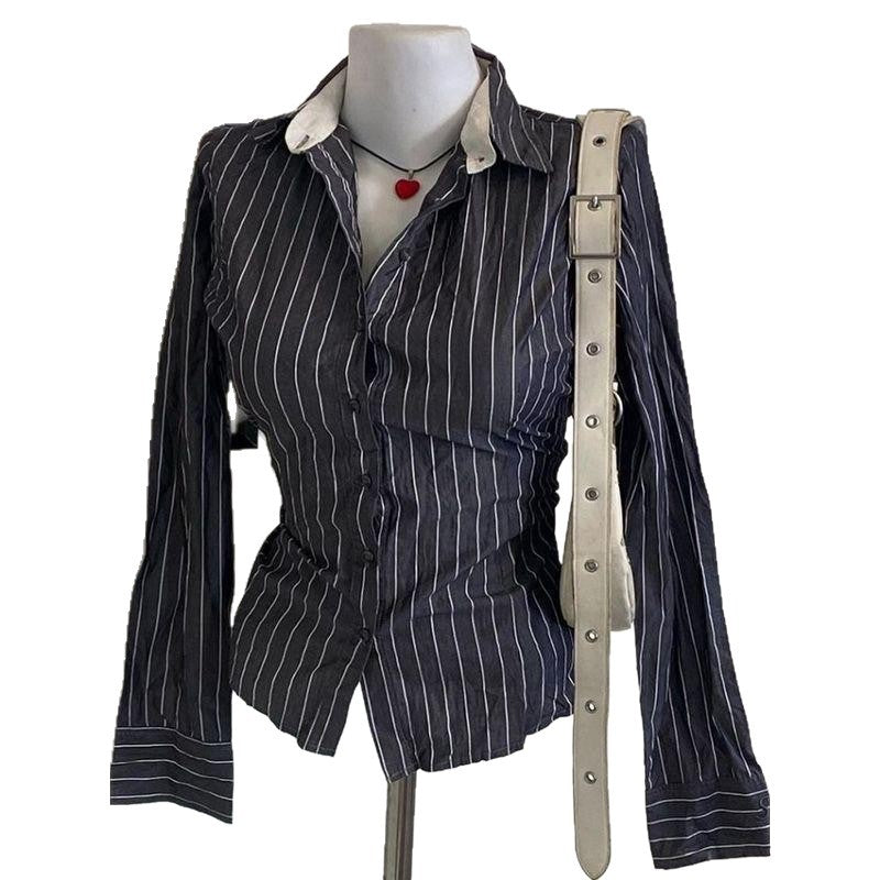 Ins-style Chic Commuter-striped Button-up Long-sleeve Shirt T-shirt For Women