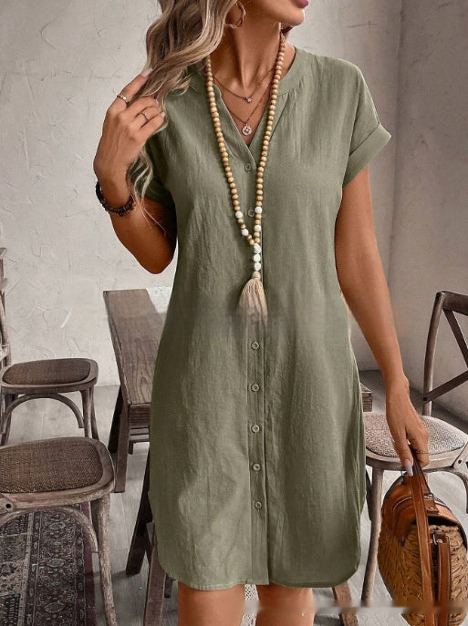 Womens Cotton-Linen Sleeveless Crew-Neck Dress With Buttoned Pockets, Western Style
