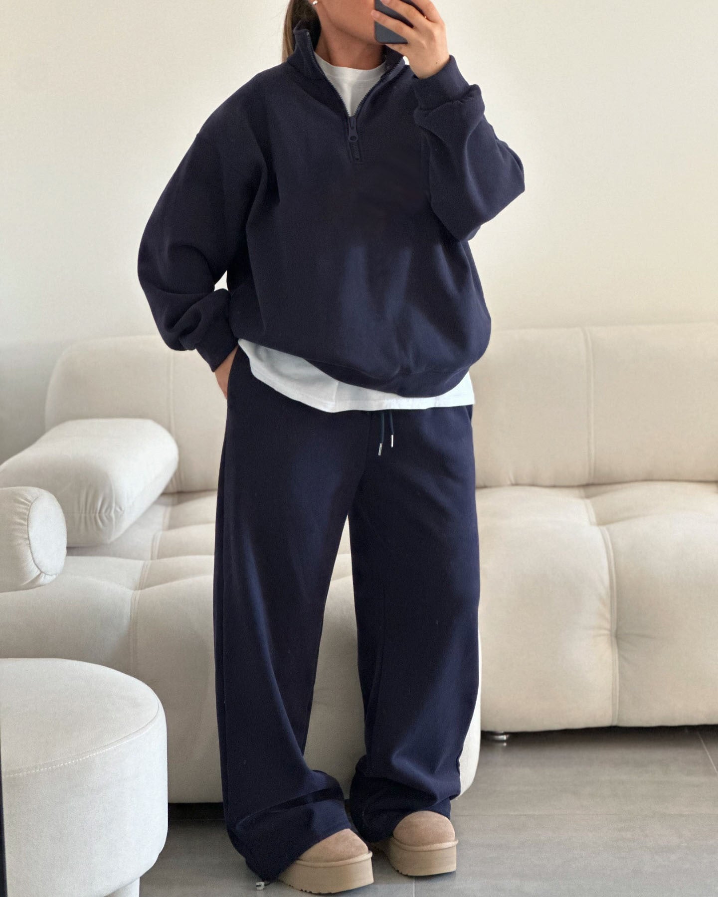 Fashionable Half-Open Collar Long-Sleeve Hoodie And Pants Casual Set