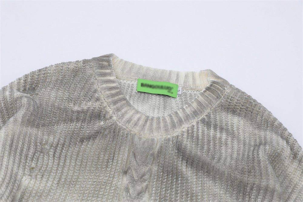 Distressed Dirty Round Neck Men's Spring And Autumn Sunken Stripe Twist Crocheted Ripped Pullover Sweater