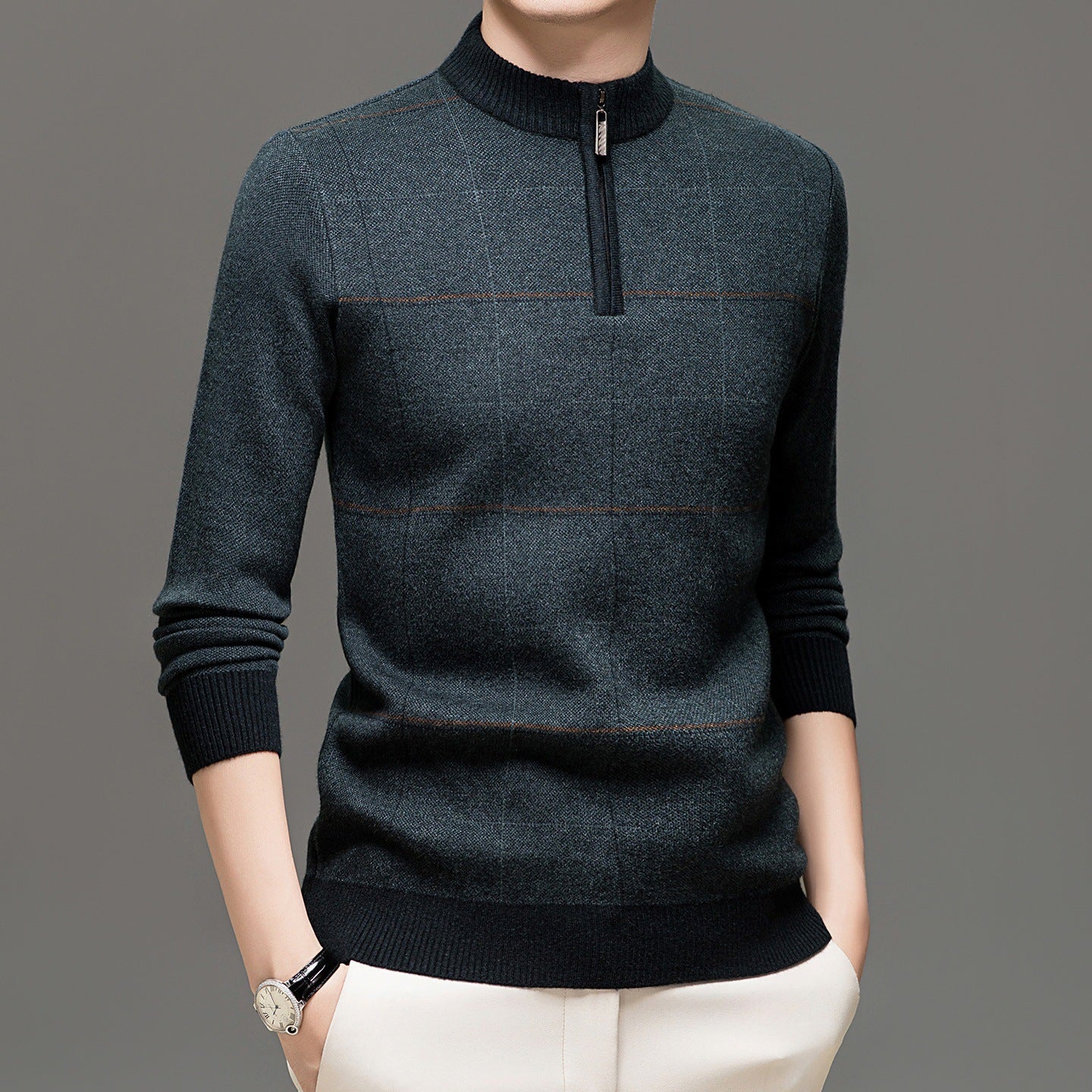 Mens Stylish Plaid Half-zip Knit Sweater