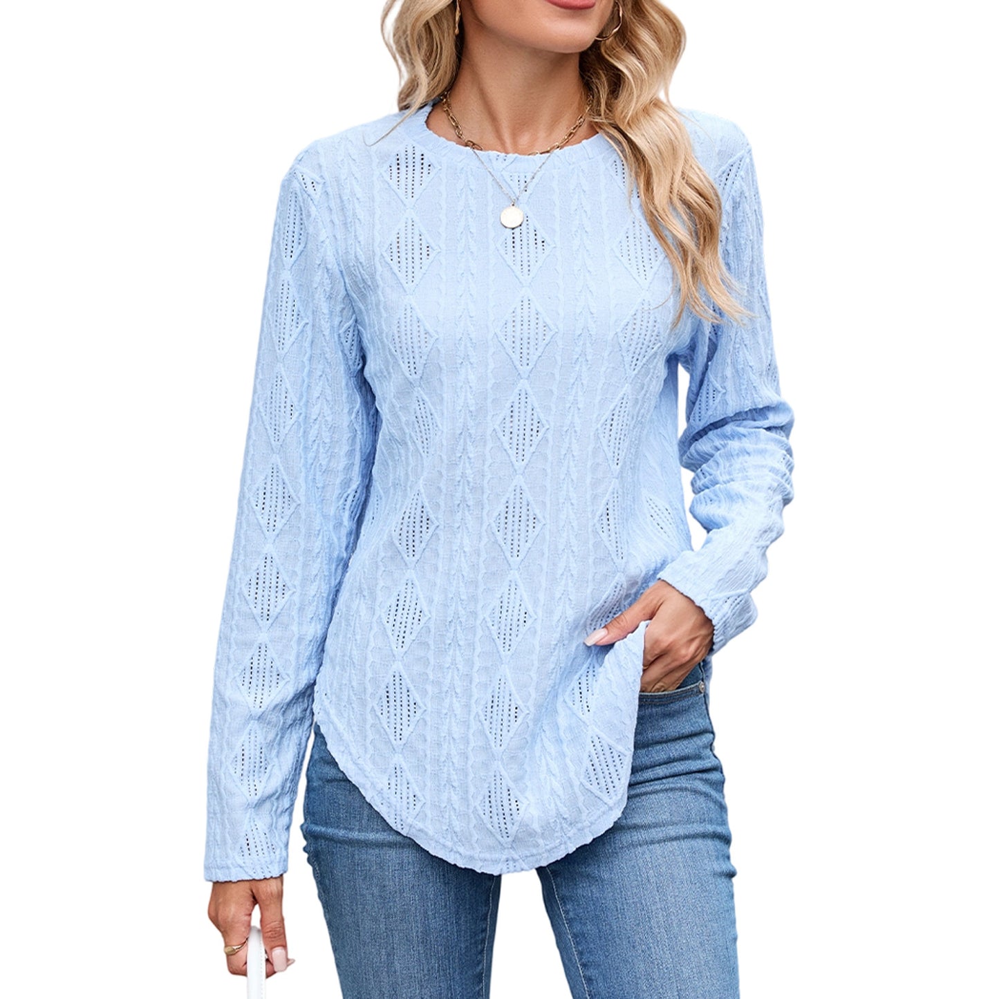 European And American Leisure Round Neck Long Sleeve Curved Hem T-shirt