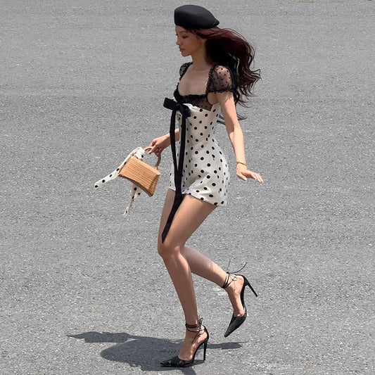 Womens Bow-Knot Polka-Dot Short Skirt Sexy Lace Patchwork Waist-Cinching Bodycon Dress