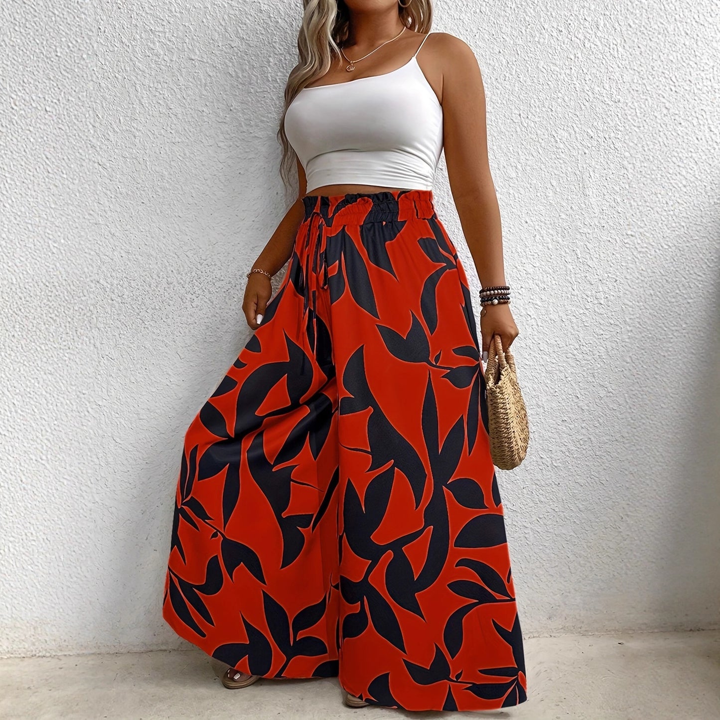 Stylish Plus-size Versatile Casual Elegant Floral Wide-leg Pants
