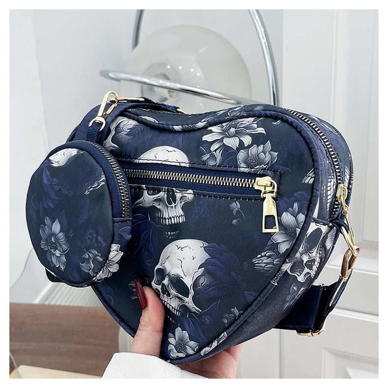 Skull Flower Printed Waterproof Oxford Cloth Large Capacity Versatile Shoulder Bag Detachable Coin Purse