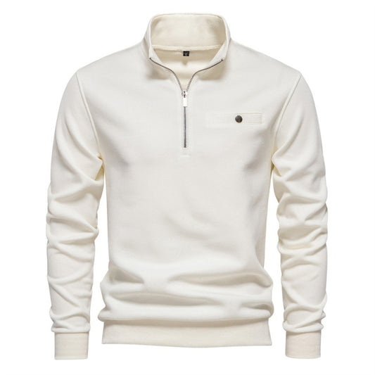 Half Zipper Sweater Casual Solid Color Pocket Decoration Basic Style