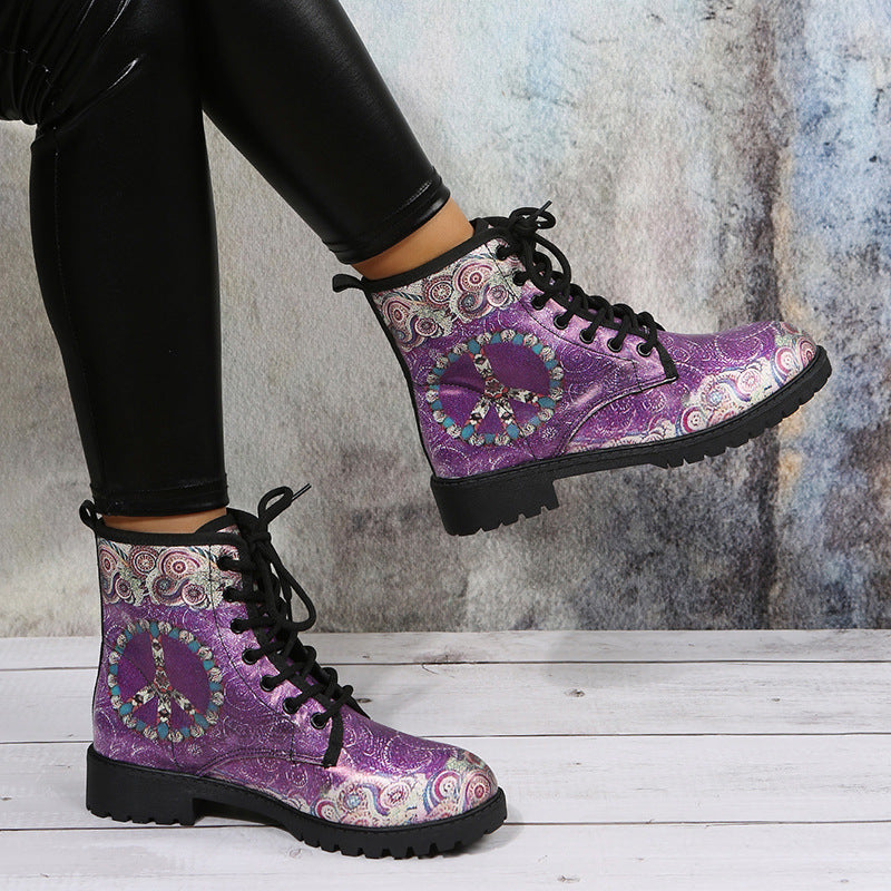 Winter Short Lace-up Soft Leather Printed Boots