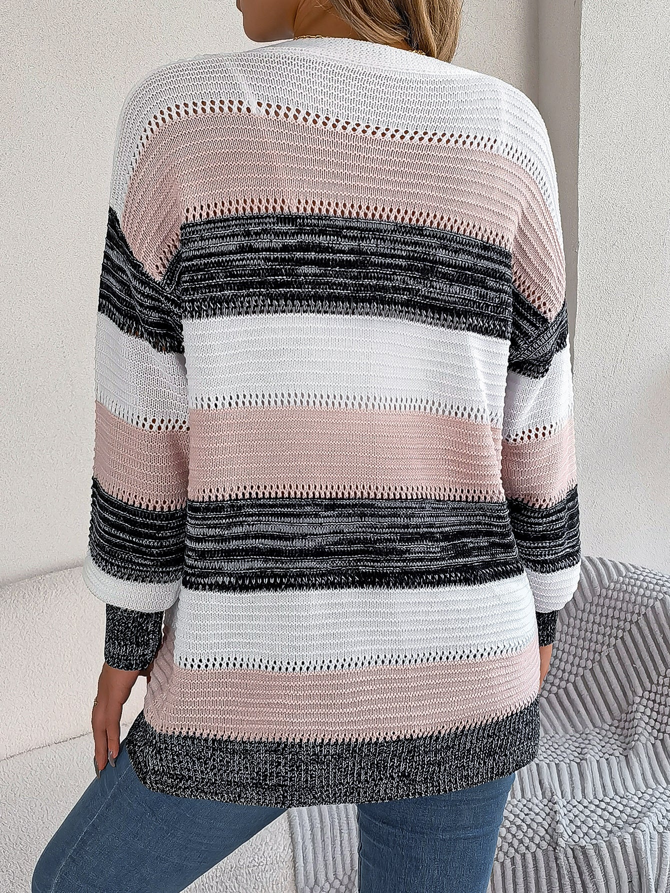 Women Casual Color Block Stripe Lantern Sleeve Cardigan Sweater Coat
