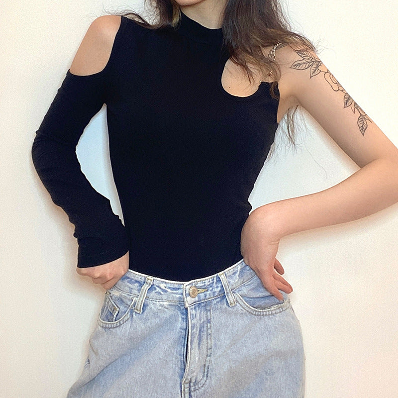 Asymmetric Half Sleeve Crew Neck Slim Bodysuit Solid Color Top