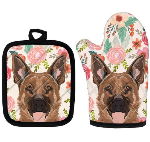 Cute Pug Print Insulated Oven Mitt And Trivet Set 2 Pieces