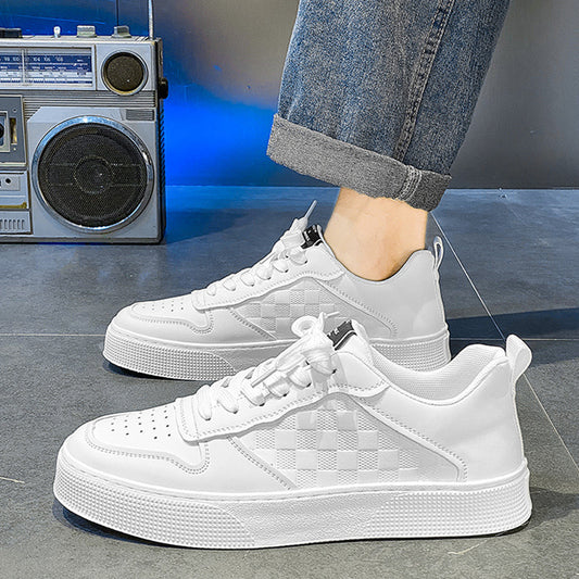 Fritidslærredssneakers til mænd med snøre, åndbare, ternede, flade sko
