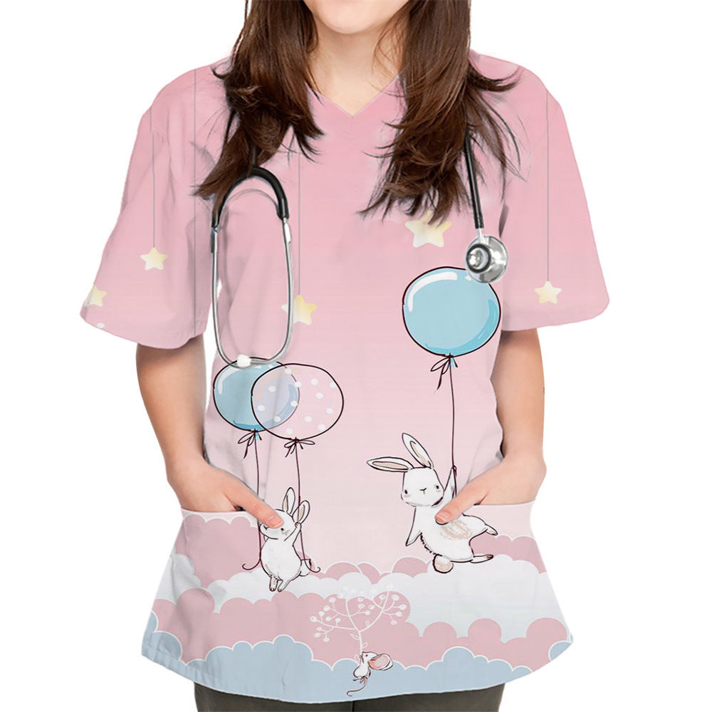 V-neck Cute Plain Pattern Series 3D Cloth For Nursing Workers