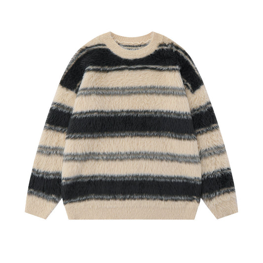 Striped With Fleece Lining Round Neck Sweater Men's American Style