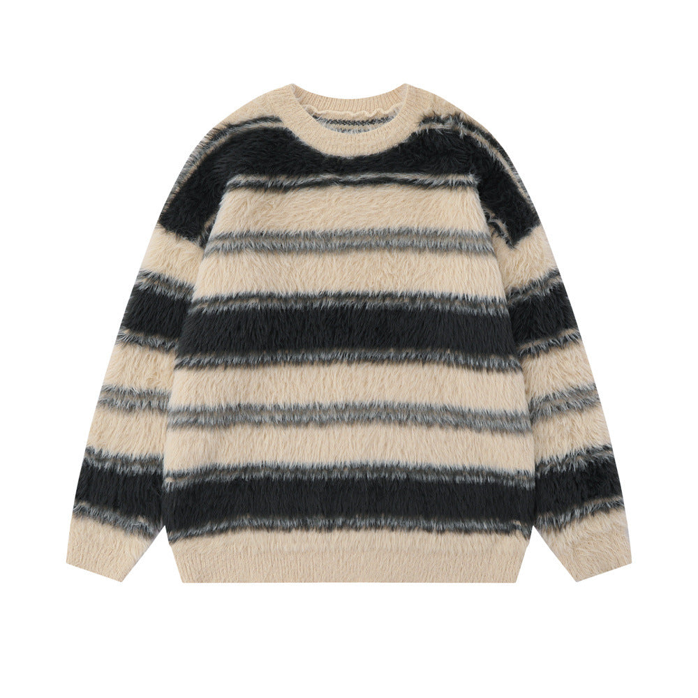 Striped With Fleece Lining Round Neck Sweater Men's American Style