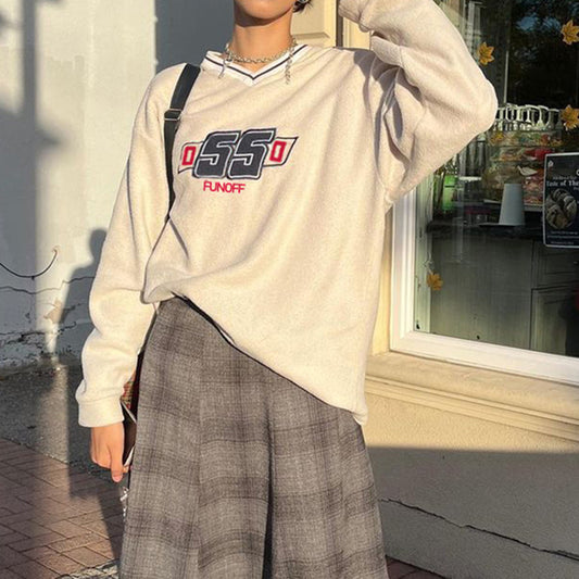 College Contrast V-Neck Print Sweatshirt Loose