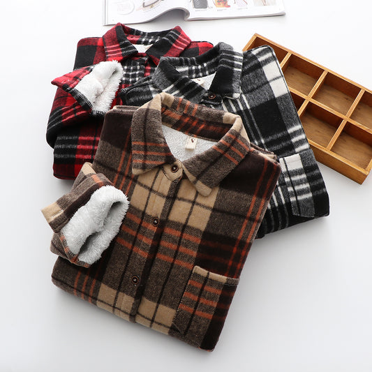 Women's Casual Small Plaid Woolen Fleece Shirt