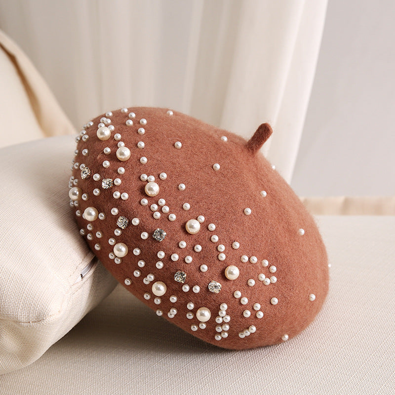 Ladies Small Fragrance Pearl Rhinestone Wool Beret