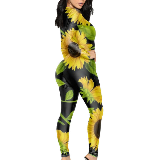 Women's Sunflower Printed Tight V-neck Jumpsuit
