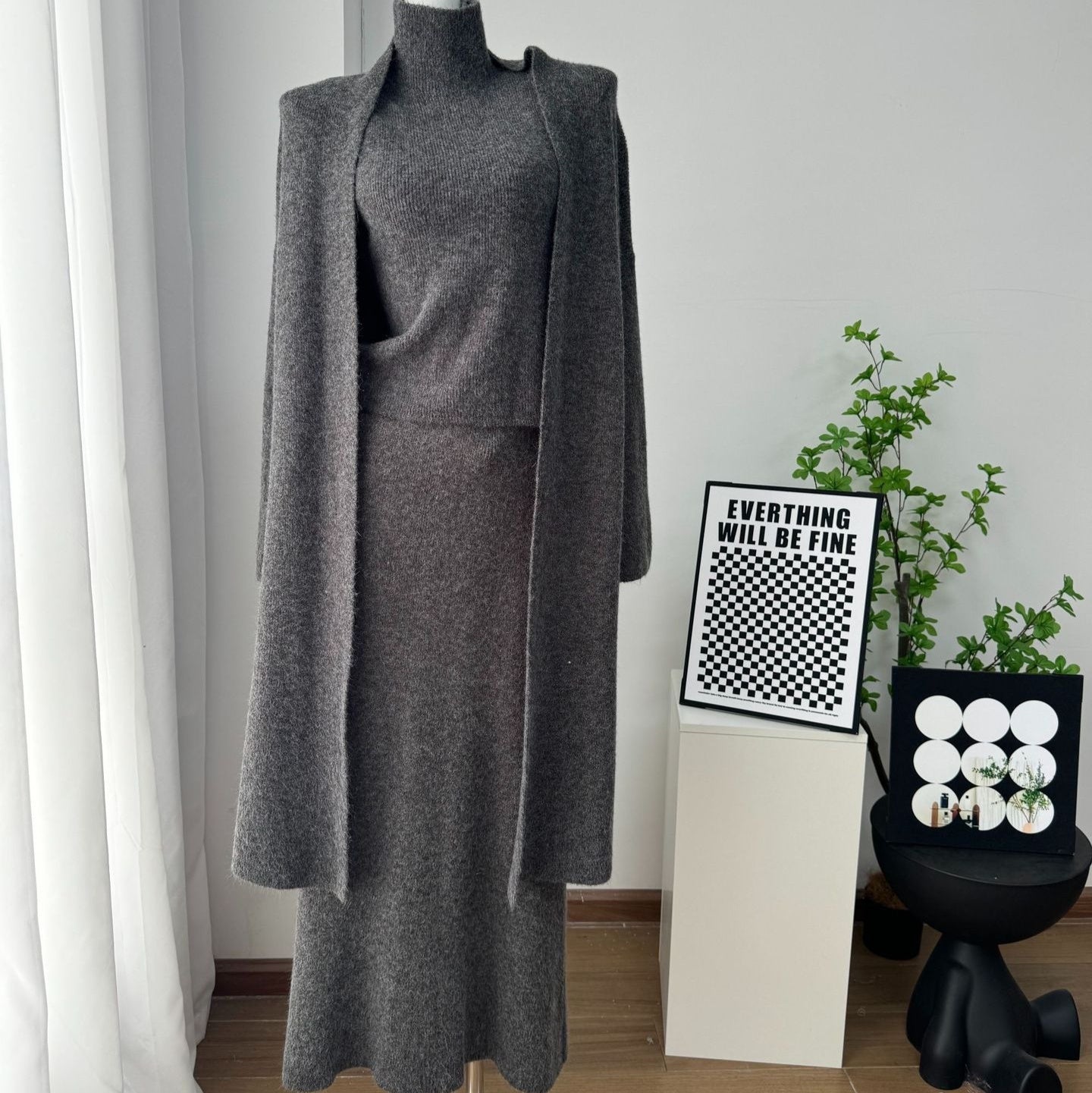 Turtleneck Sleeveless Vest Top And Fishtail Skirt Match Long Cardigan Three-piece Set