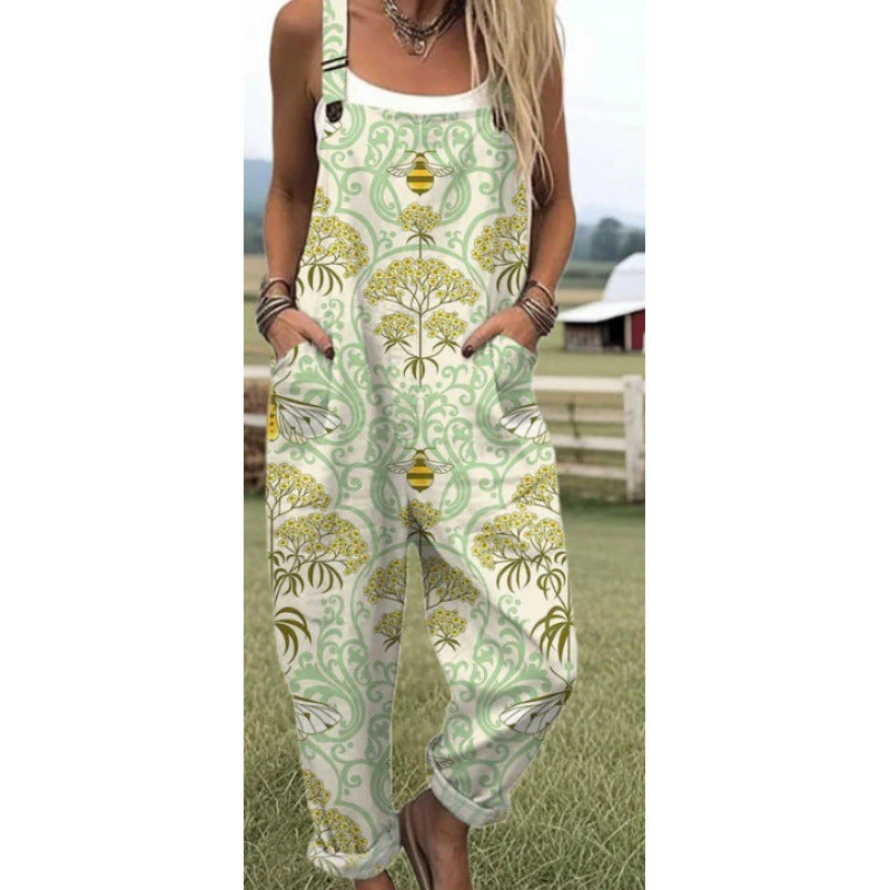 Digital Printing Button Casual Suspender Trousers
